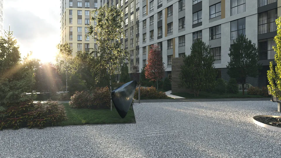 Жилой комплекс «Куинджи»: двор: скульптура, панорама 360°, визуализация застройщика