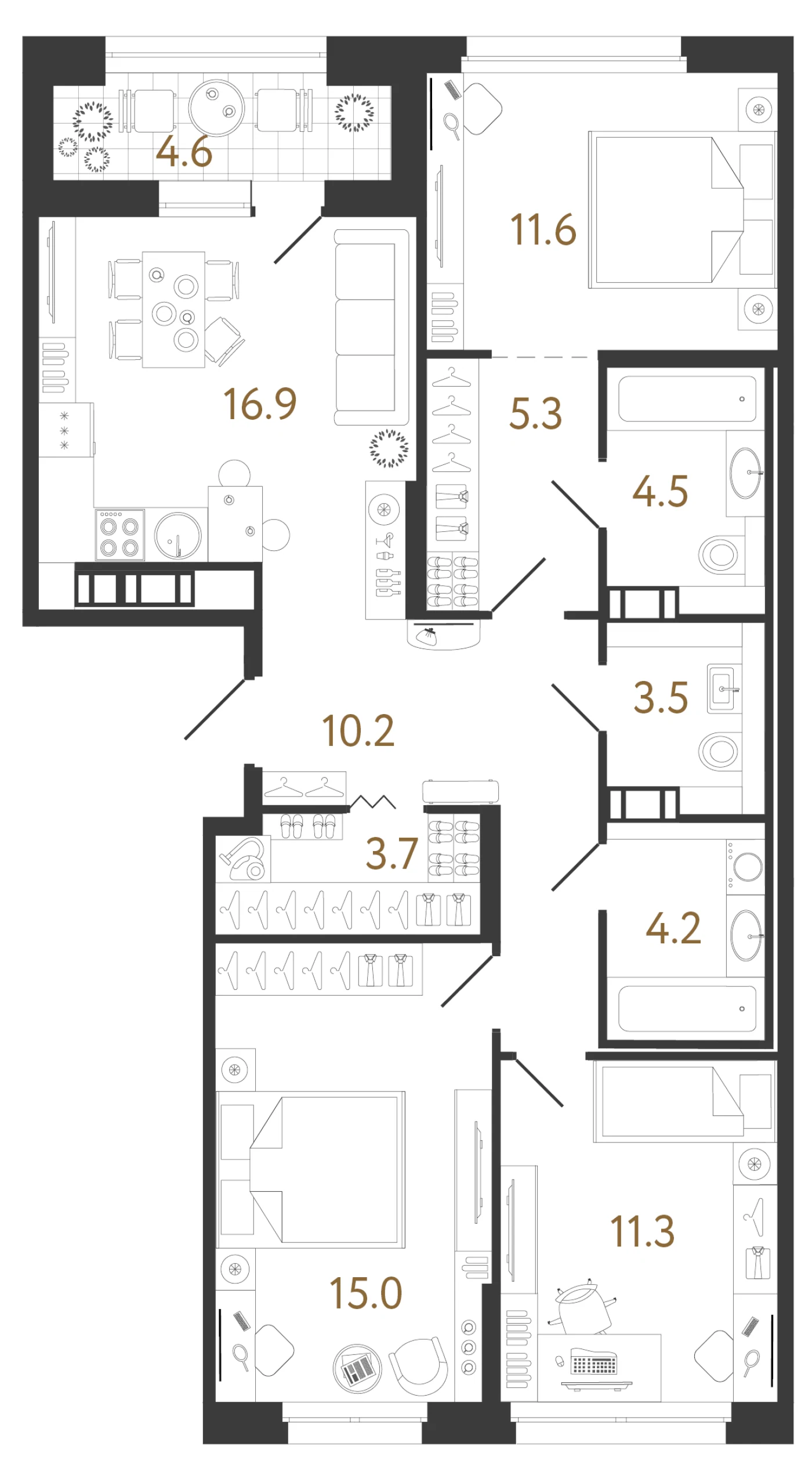 Планировка 3-комнатная 86,2 м² в жилом комплексе «Куинджи» — Жилой комплекс «Куинджи»