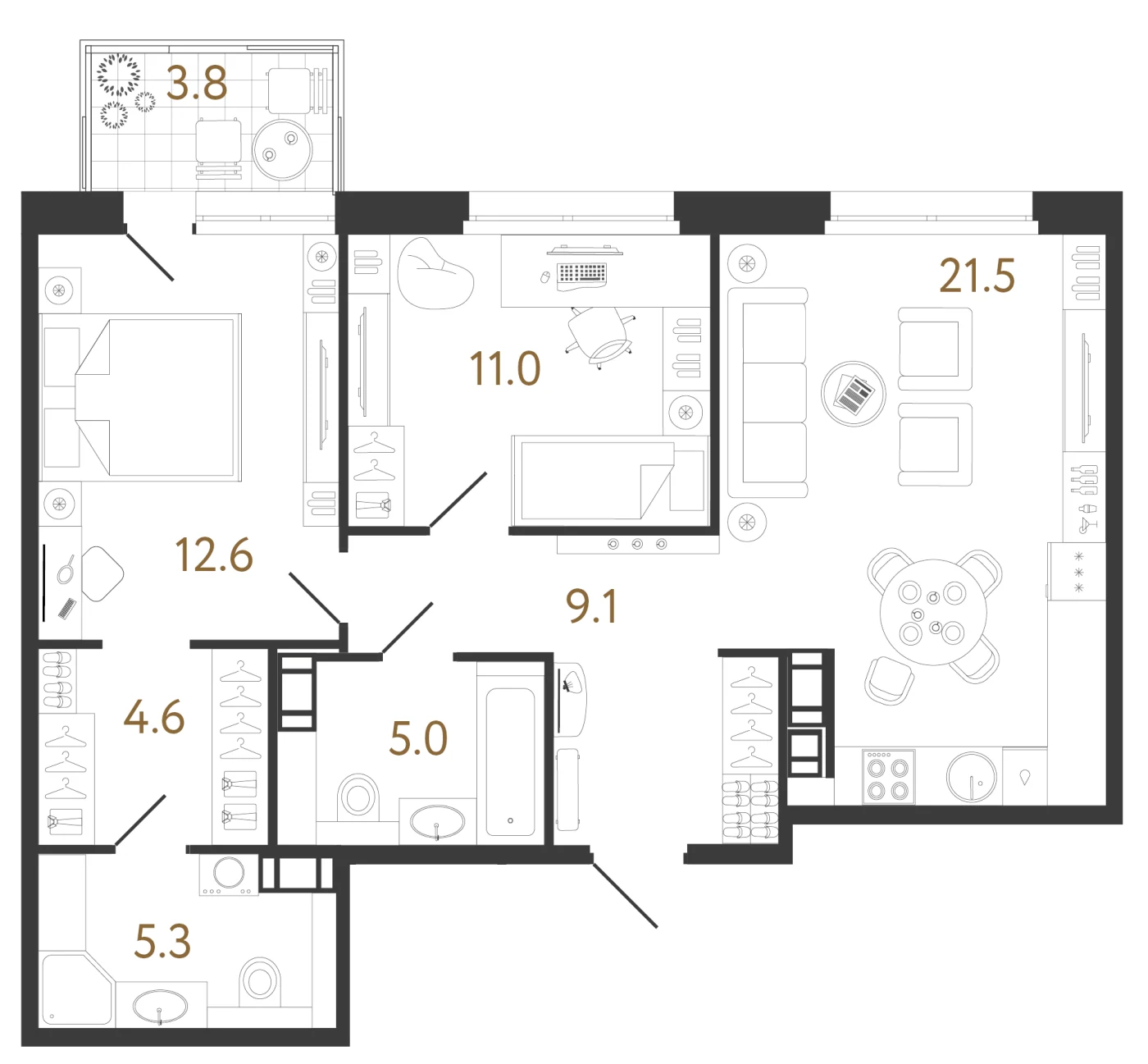 Планировка 2-комнатная 69,1 м² в жилом комплексе «Куинджи» — Жилой комплекс «Куинджи»