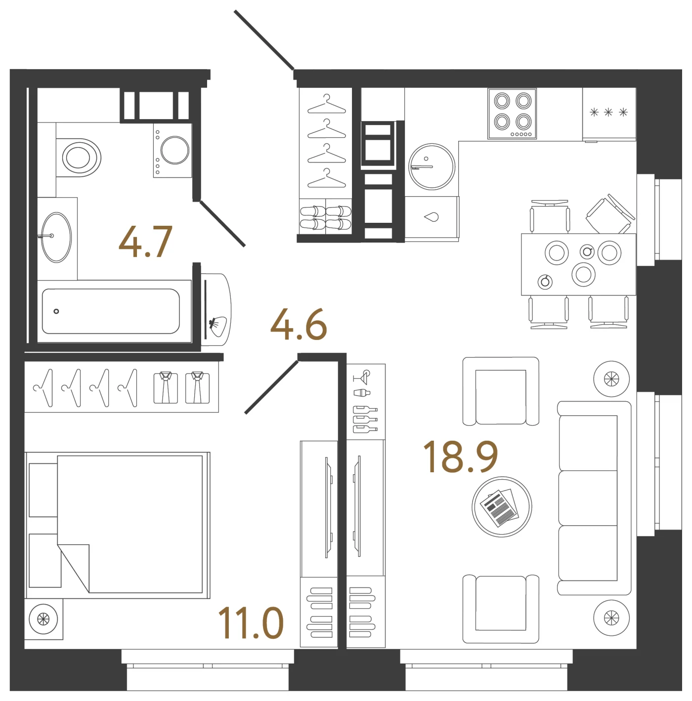 Планировка 1-комнатная 39,5 м² в жилом комплексе «Куинджи» — Жилой комплекс «Куинджи»