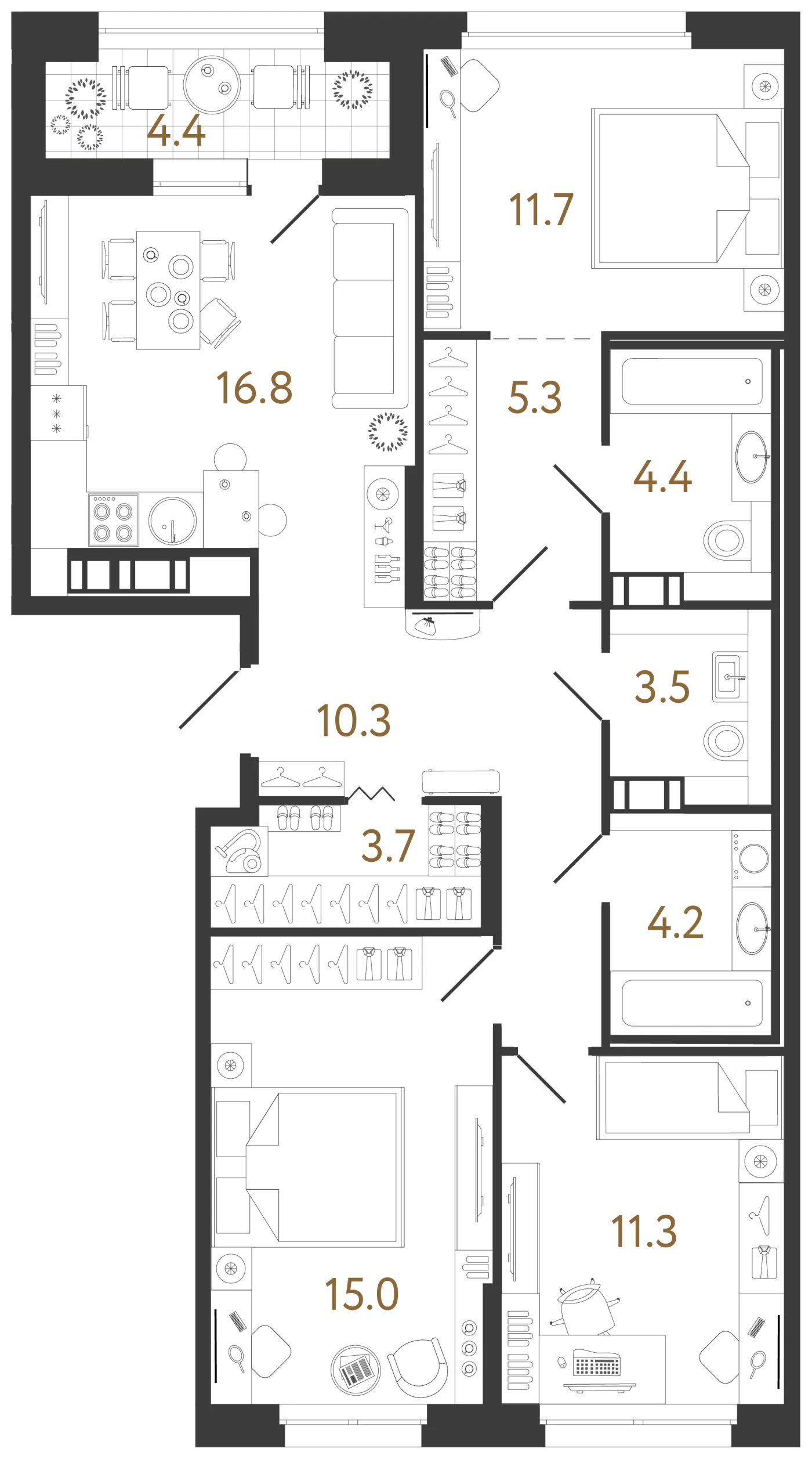 Планировка 3-комнатная 86,5 м² в жилом комплексе «Куинджи» — Жилой комплекс «Куинджи»