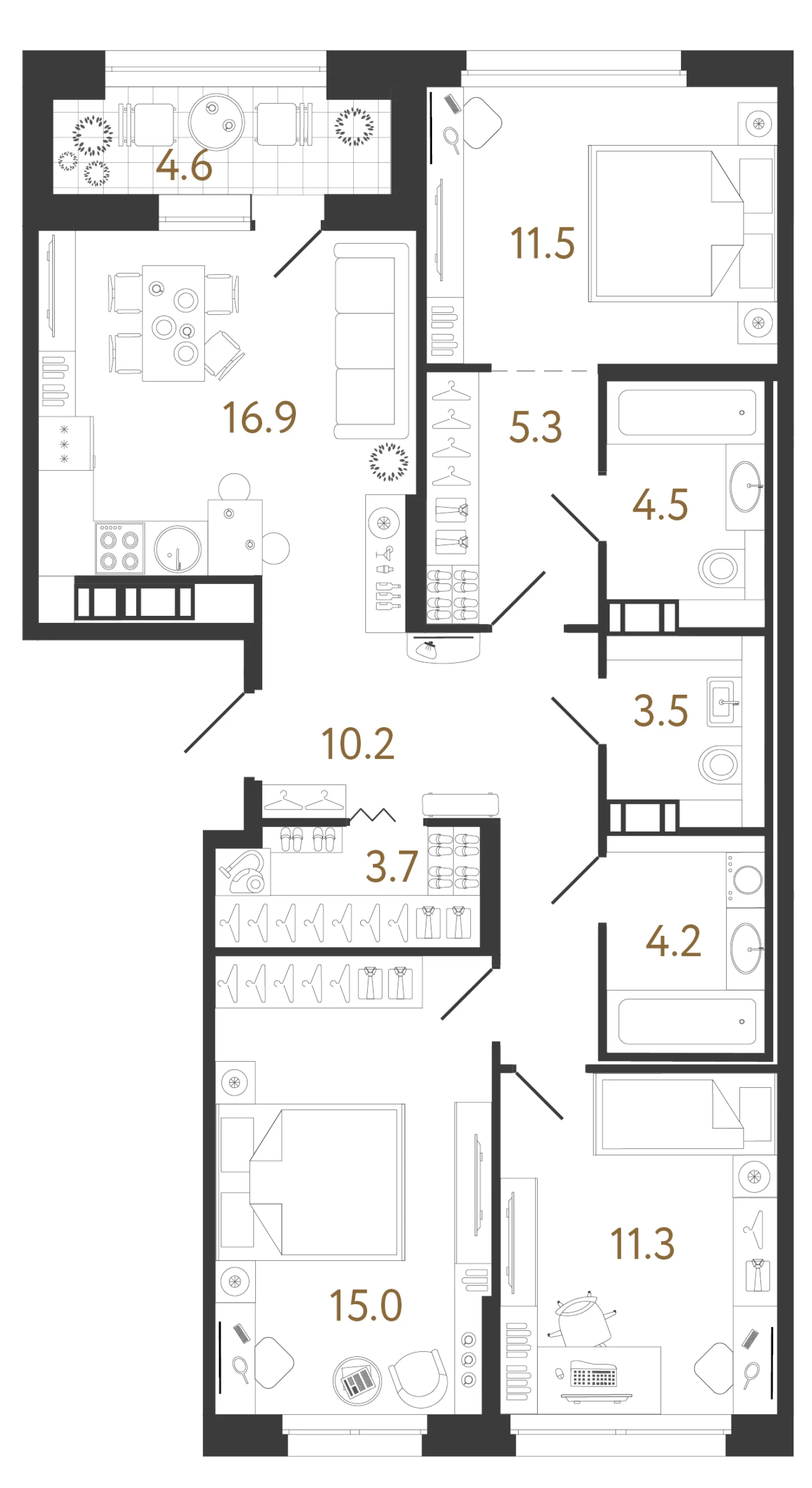 Планировка 3-комнатная 86,1 м² в жилом комплексе «Куинджи» — Жилой комплекс «Куинджи»
