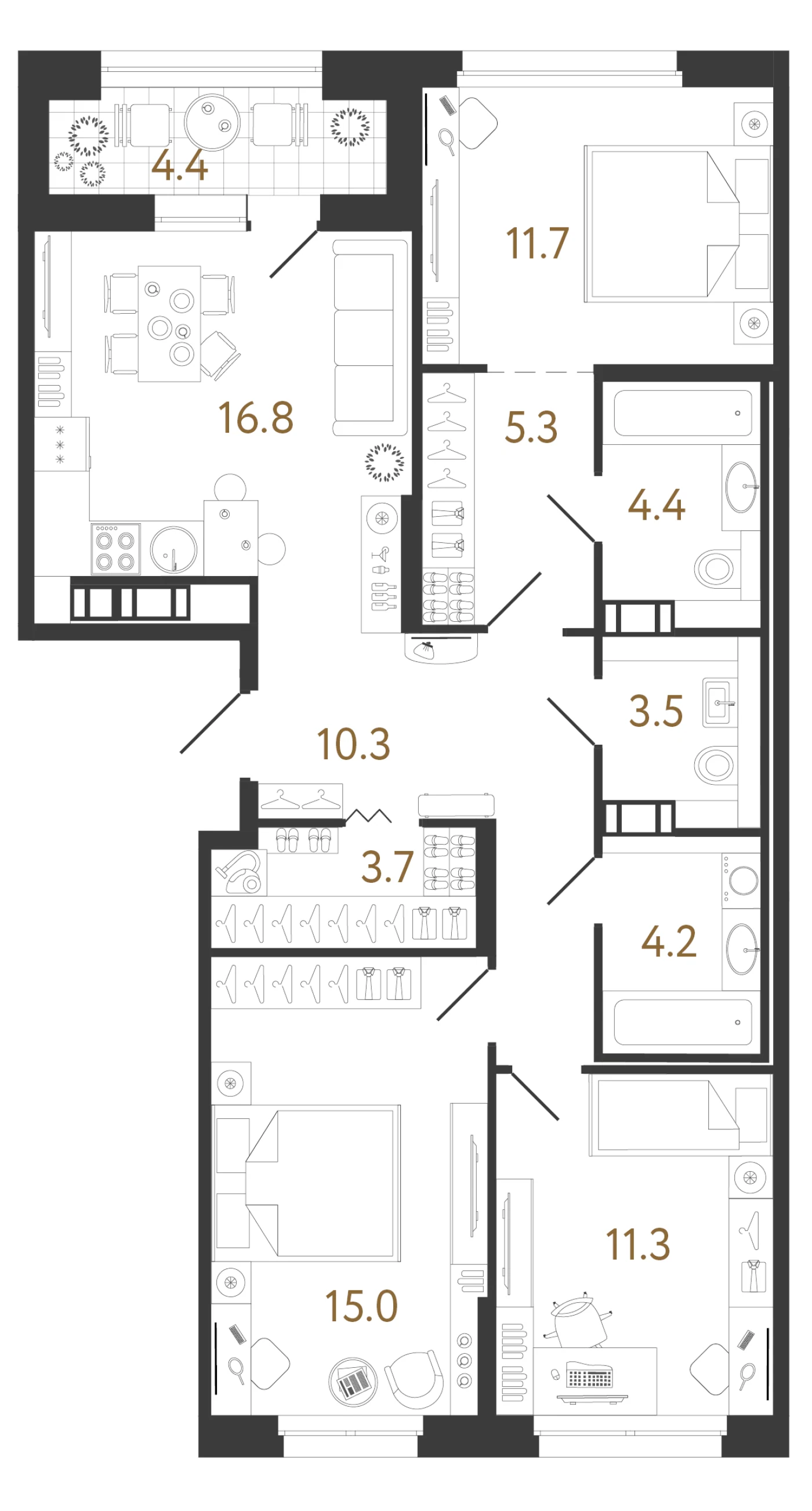 Планировка 3-комнатная 86 м² в жилом комплексе «Куинджи» — Жилой комплекс «Куинджи»