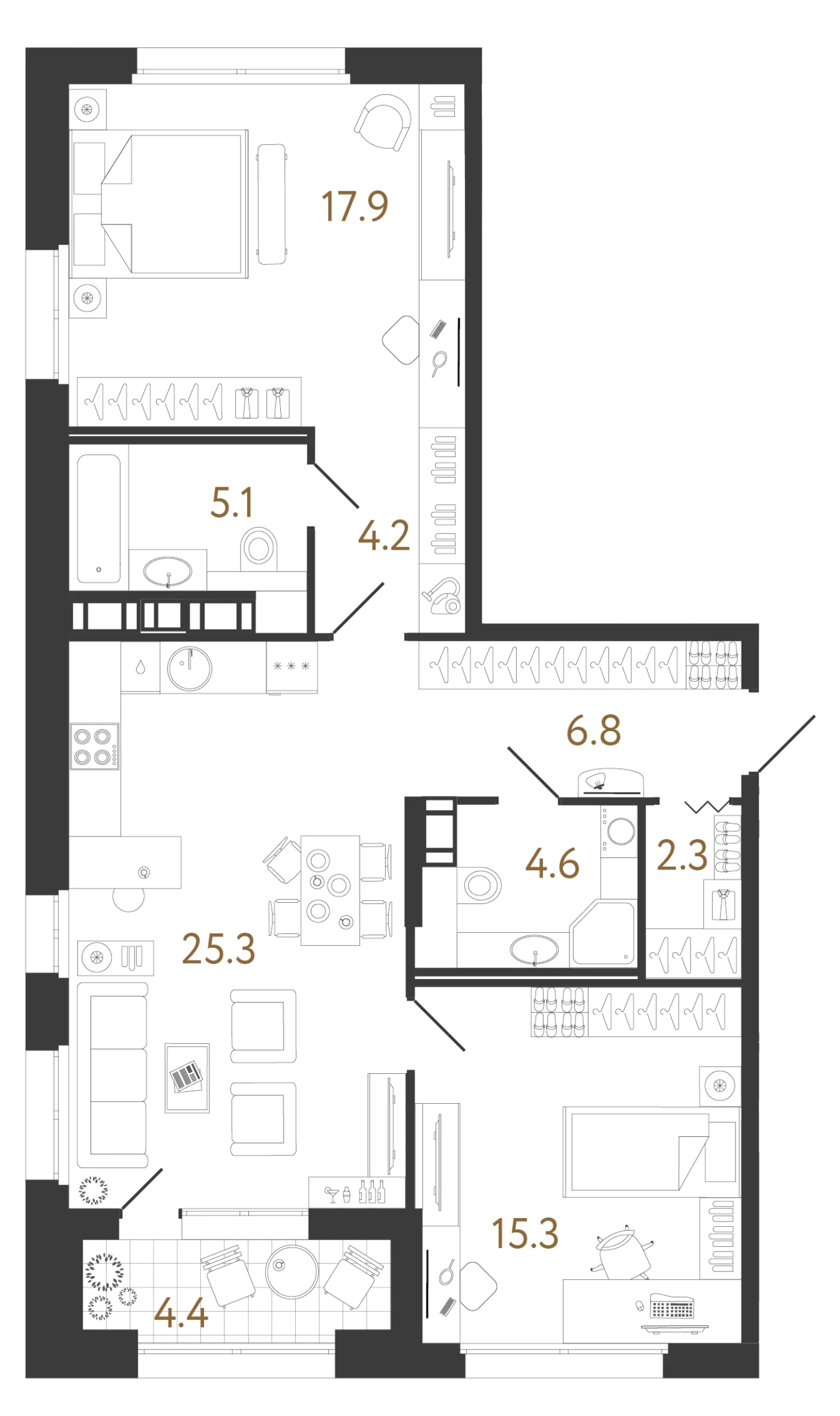 Планировка 2-комнатная 81,5 м² в жилом комплексе «Куинджи» — Жилой комплекс «Куинджи»