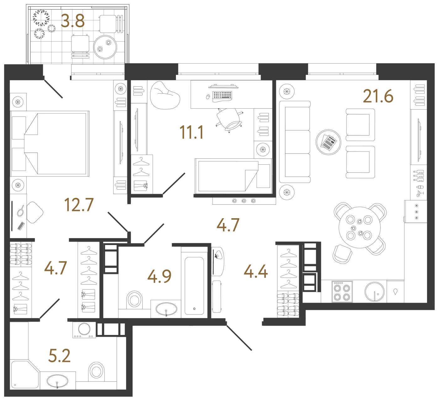 Планировка 2-комнатная 68,8 м² в жилом комплексе «Куинджи» — Жилой комплекс «Куинджи»