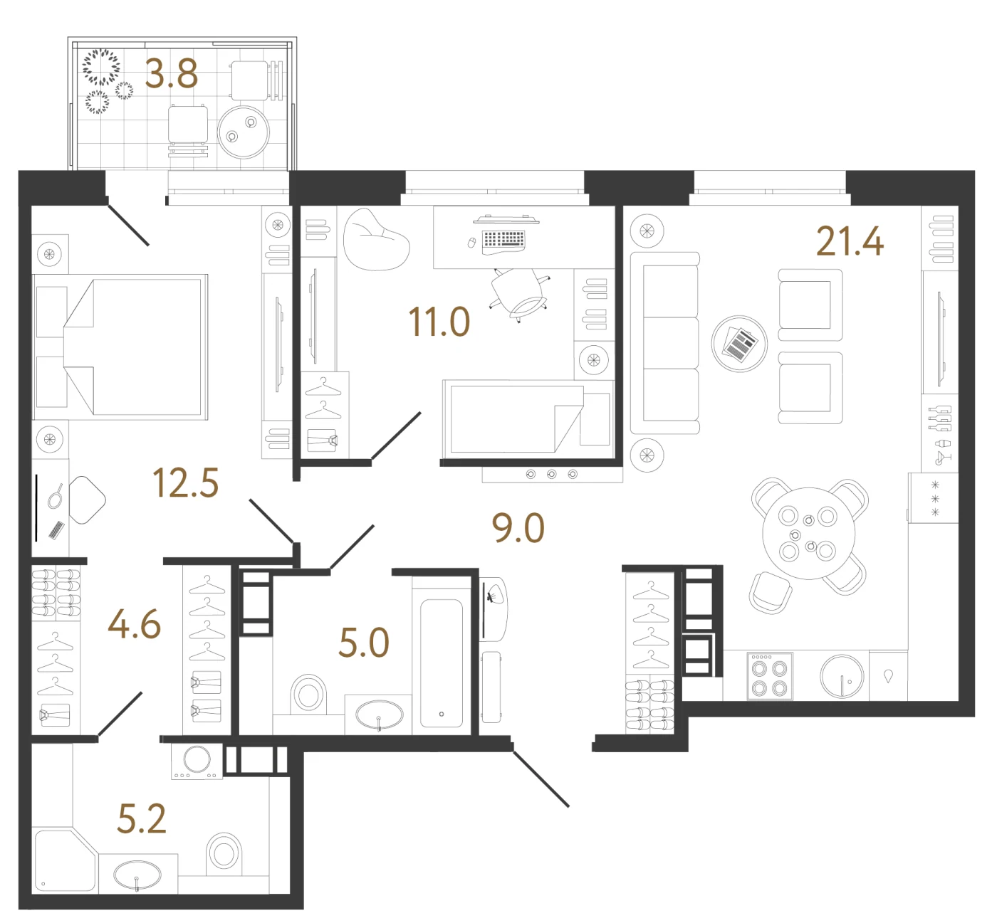 Планировка 2-комнатная 68,7 м² в жилом комплексе «Куинджи» — Жилой комплекс «Куинджи»