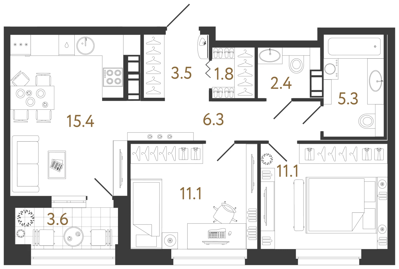 Планировка 2-комнатная 58 м² в жилом комплексе «Куинджи» — Жилой комплекс «Куинджи»