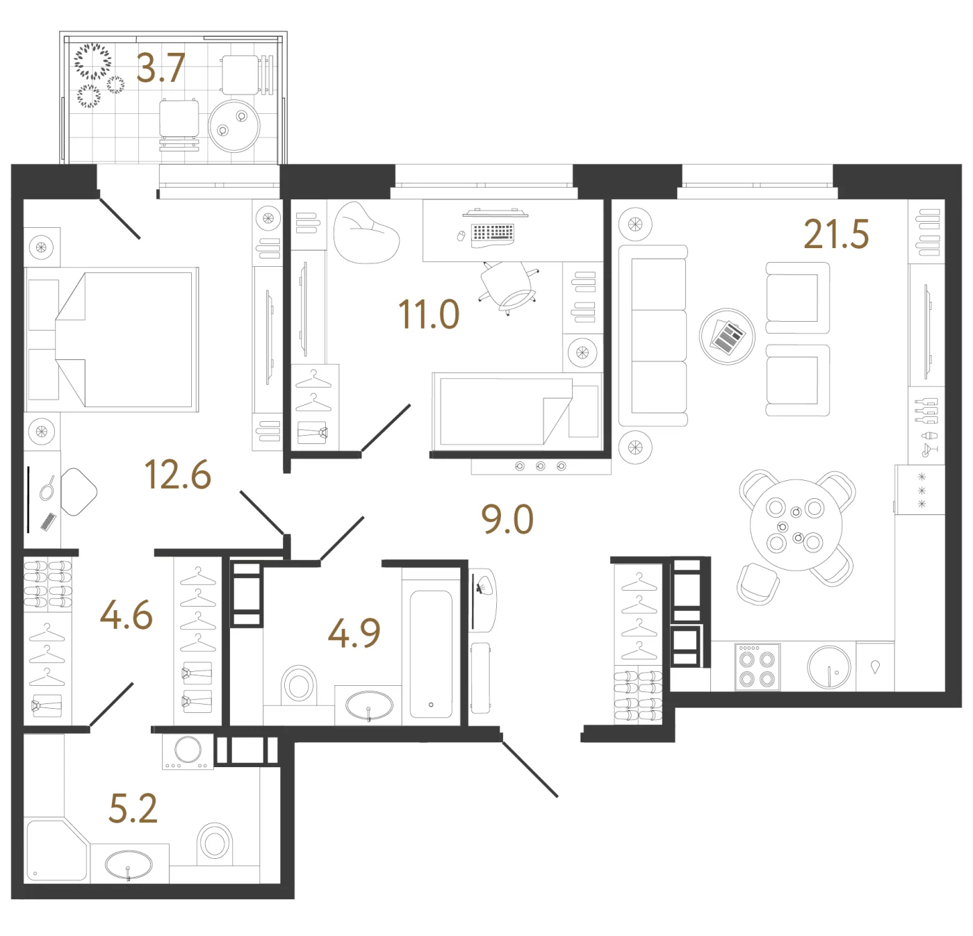 Планировка 2-комнатная 68,8 м² в жилом комплексе «Куинджи» — Жилой комплекс «Куинджи»