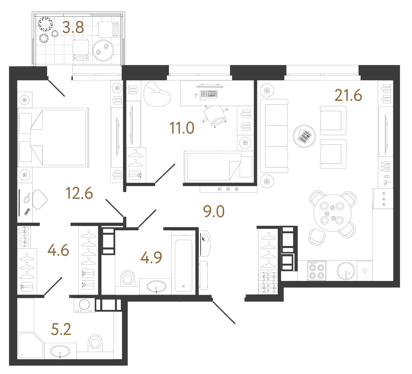 Планировка 2-комнатная 68,9 м² в жилом комплексе «Куинджи» — Жилой комплекс «Куинджи»
