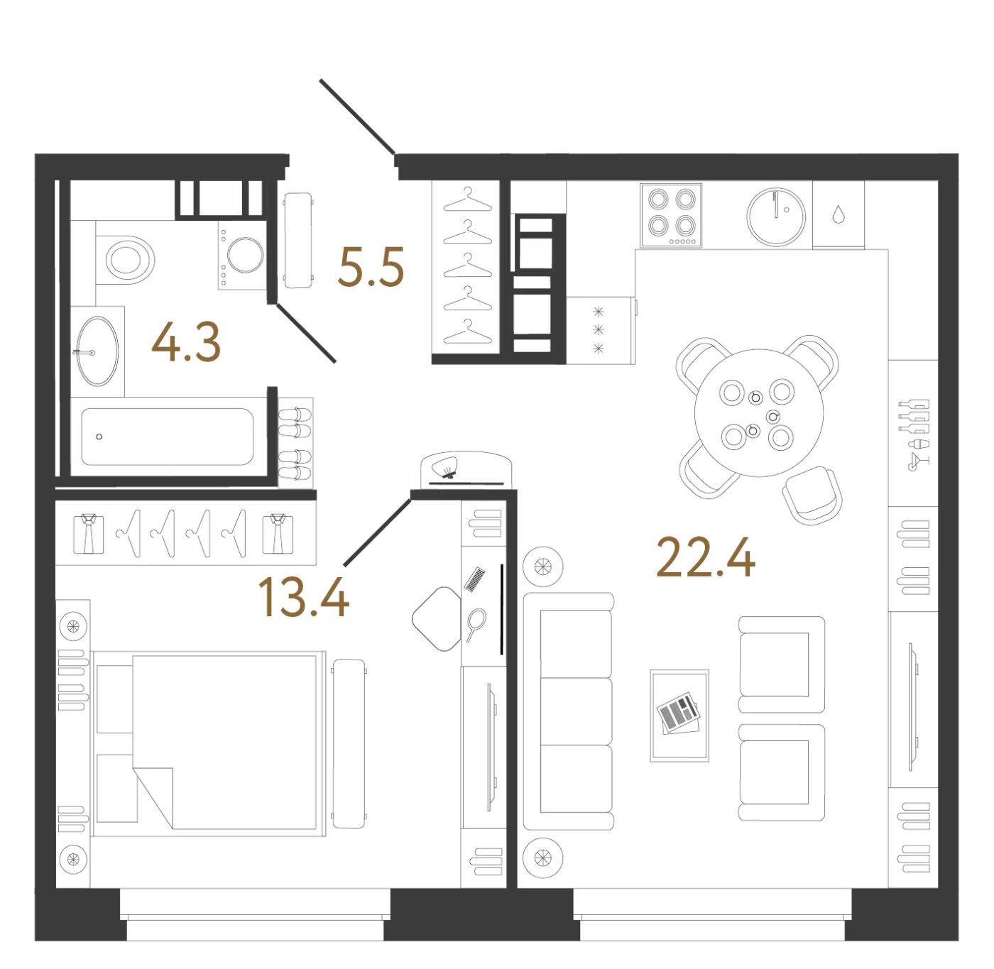 Планировка 1-комнатная 45,6 м² в жилом комплексе «Куинджи» — Жилой комплекс «Куинджи»
