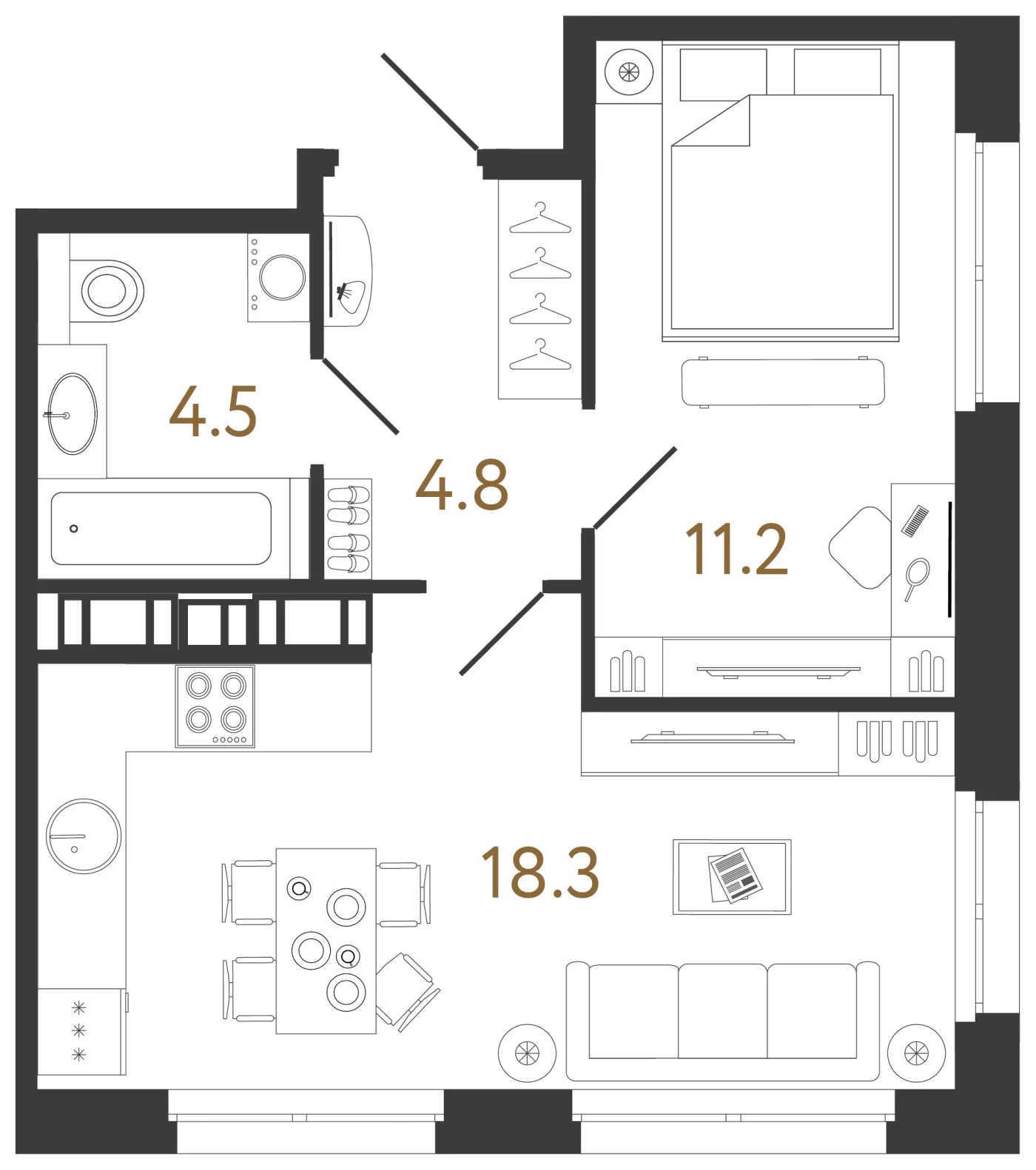 Планировка 1-комнатная 38,3 м² в жилом комплексе «Куинджи» — Жилой комплекс «Куинджи»